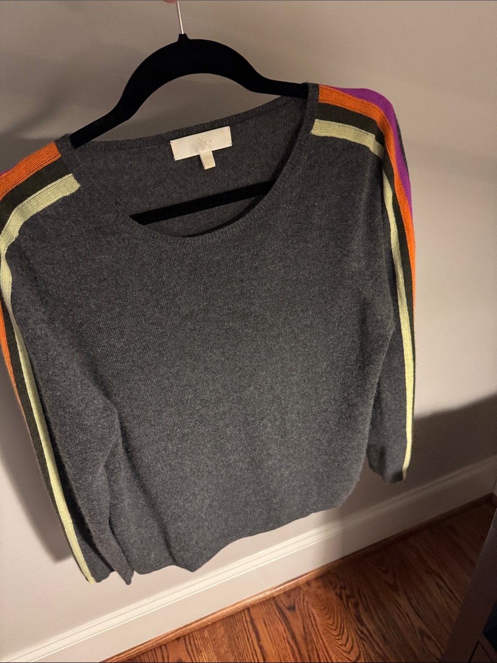 Lisa Todd Charcoal Crewneck Sweater with Orange, Lime & Purple Shoulder Stripes